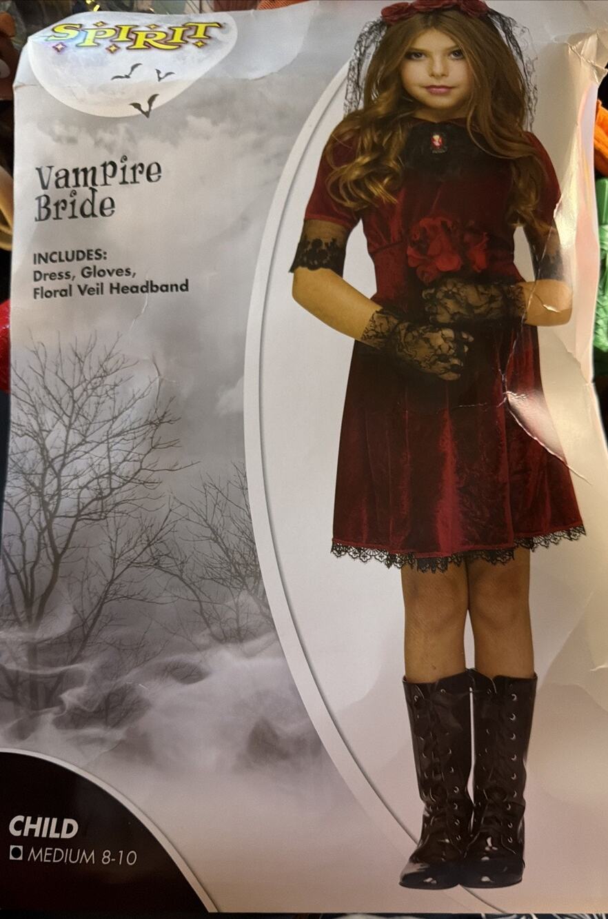Spirit Vampire Bride Child's Halloween Costume Medium 8-10 Dress Veil Gloves